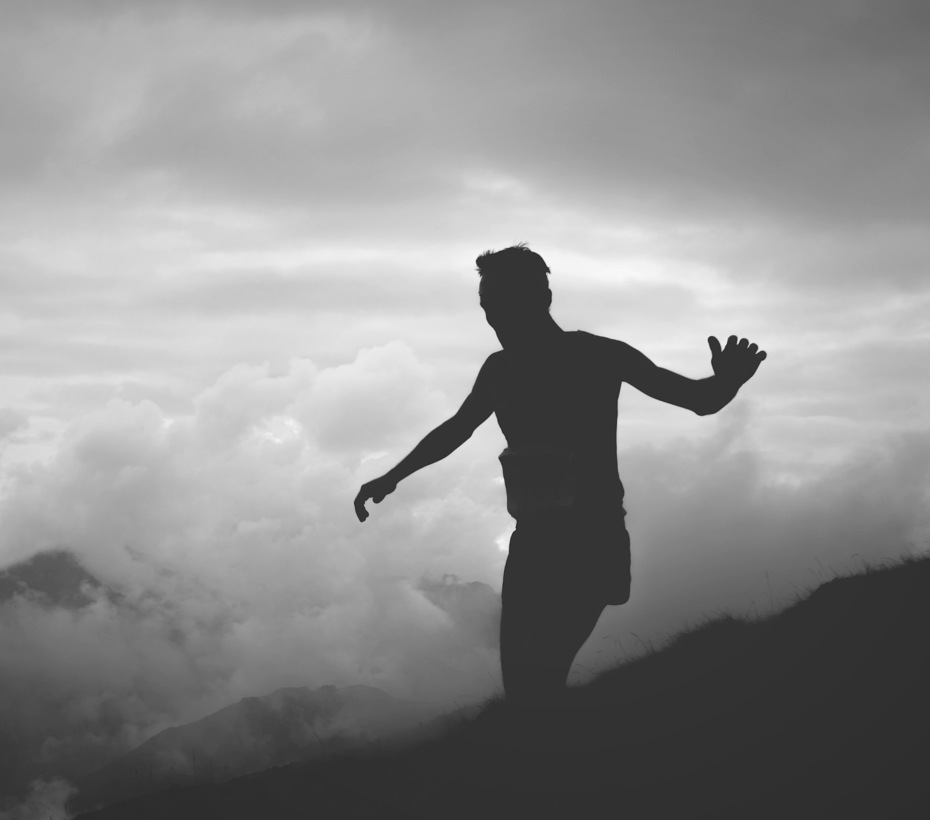 Runner silhouette on a misty mountain ridge, Human Telemetrics