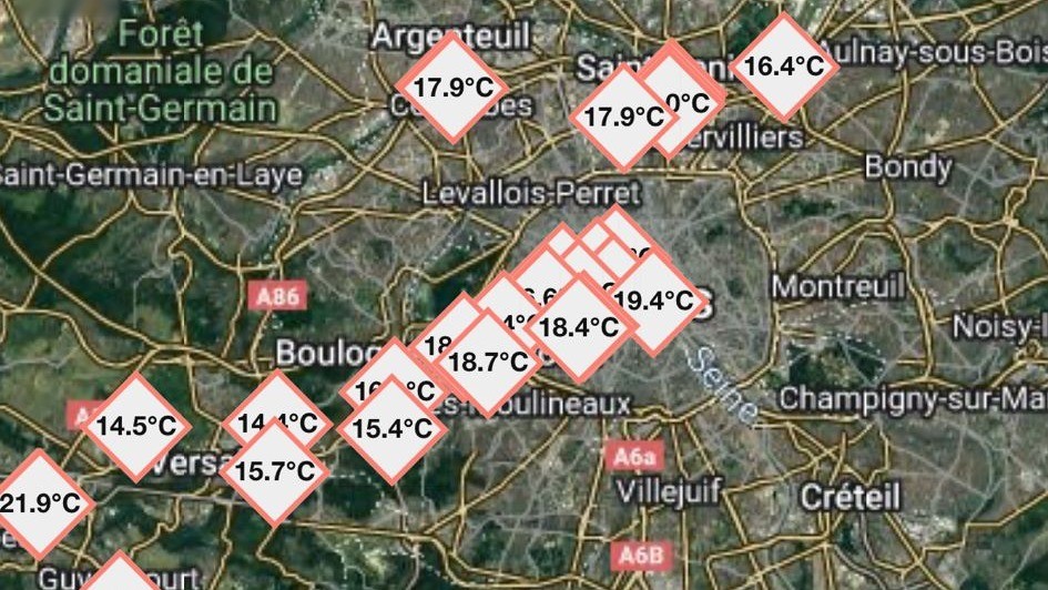 Weather station network monitoring temperatures across Paris
